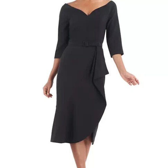 Kay Unger Black Izzy Ruffle Side Slit Midi Dress*Less Belt*